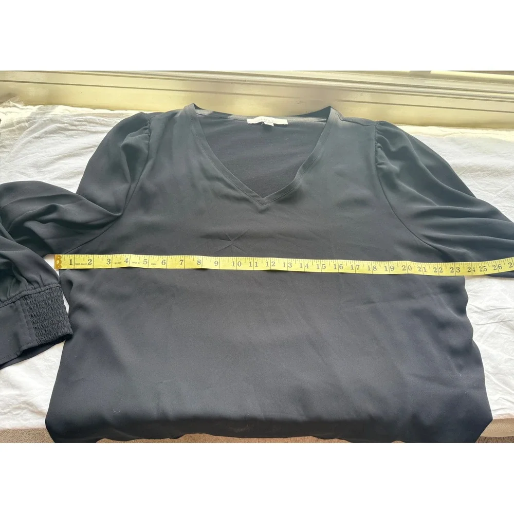 LOFT Black Mixed Media V-Neck Blouse Smocked Cuff Long Sleeve‎ XXL